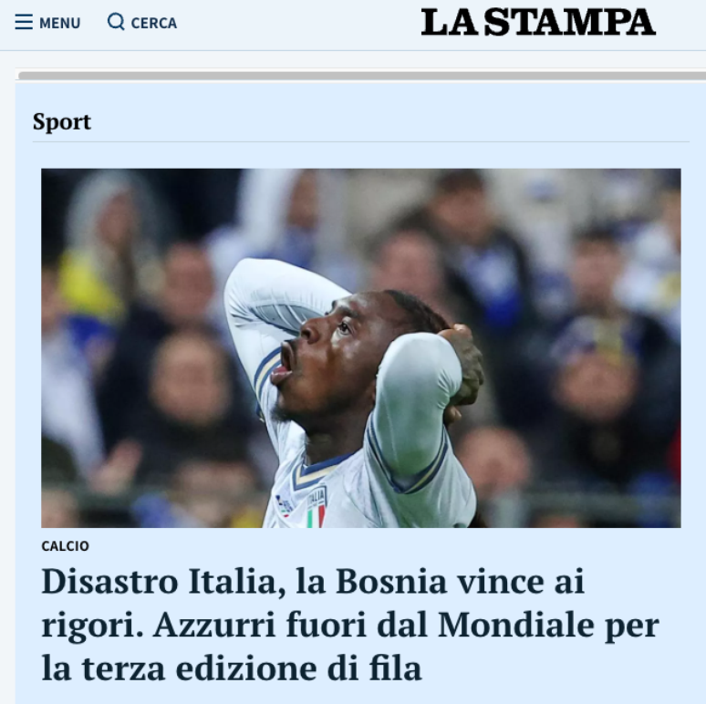 La Stampa falou em desastre com a elimina&ccedil;&atilde;o da It&aacute;lia