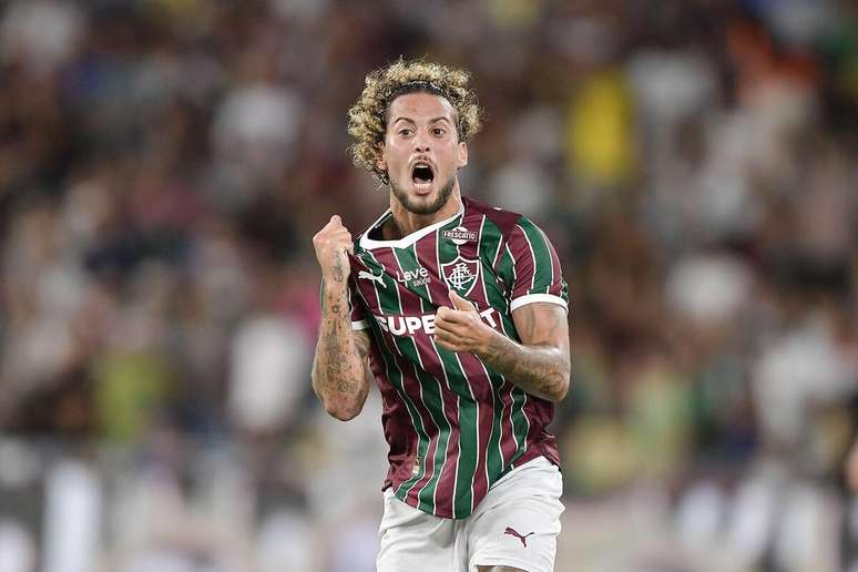 Guga (Fluminense) celebrando seu gol contra o Atl&eacute;tico-MG, no dia 21.03.2026. 