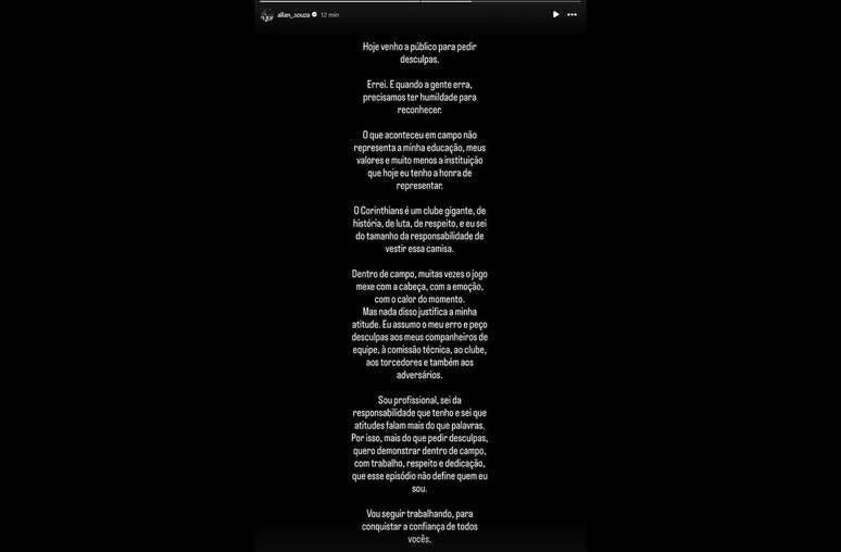 Allan usou as redes sociais para pedir desculpas ap&oacute;s ser expulso contra o Fluminense &ndash;