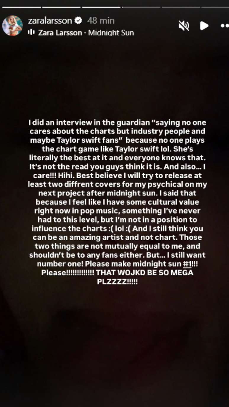 "Eu ainda quero o n&uacute;mero 1", esclarece Zara Larsson ap&oacute;s pol&ecirc;mica com f&atilde;s de Taylor Swift