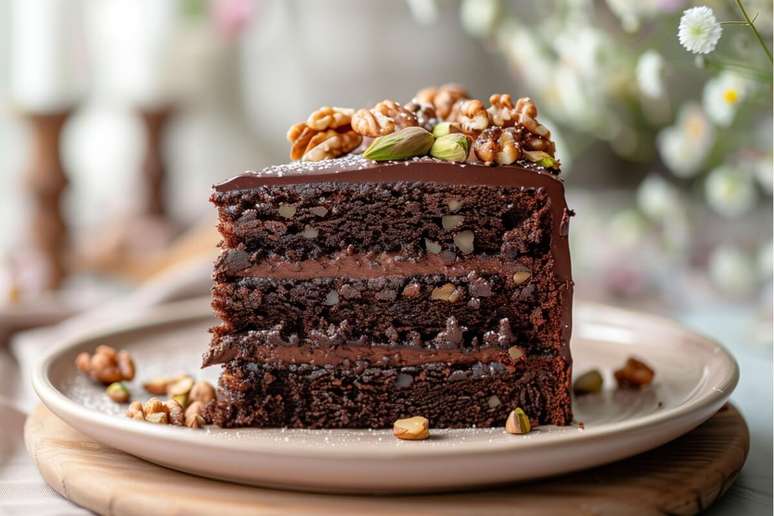 Bolo de chocolate com pistache e nozes 