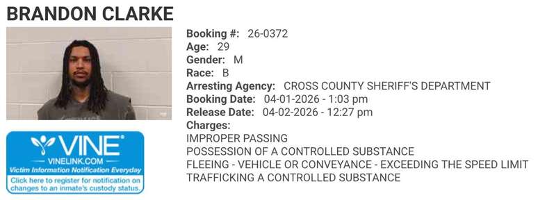 Ficha de Brandon Clarke no portal oficial do condado de Cross, no Arkansas. 