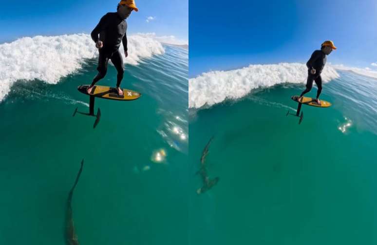 Surfista passa por tubar&atilde;o durante treinamento