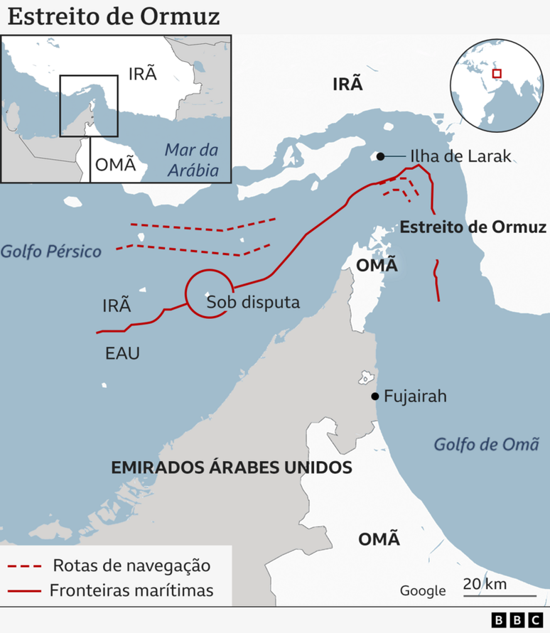 Mapa mostra o Estreito de Ormuz e os pa&iacute;ses que o margeiam, com as rotas de navega&ccedil;&atilde;o e fronteiras mar&iacute;timas destacadas com linhas vermelhas cont&iacute;nuas e pontilhadas