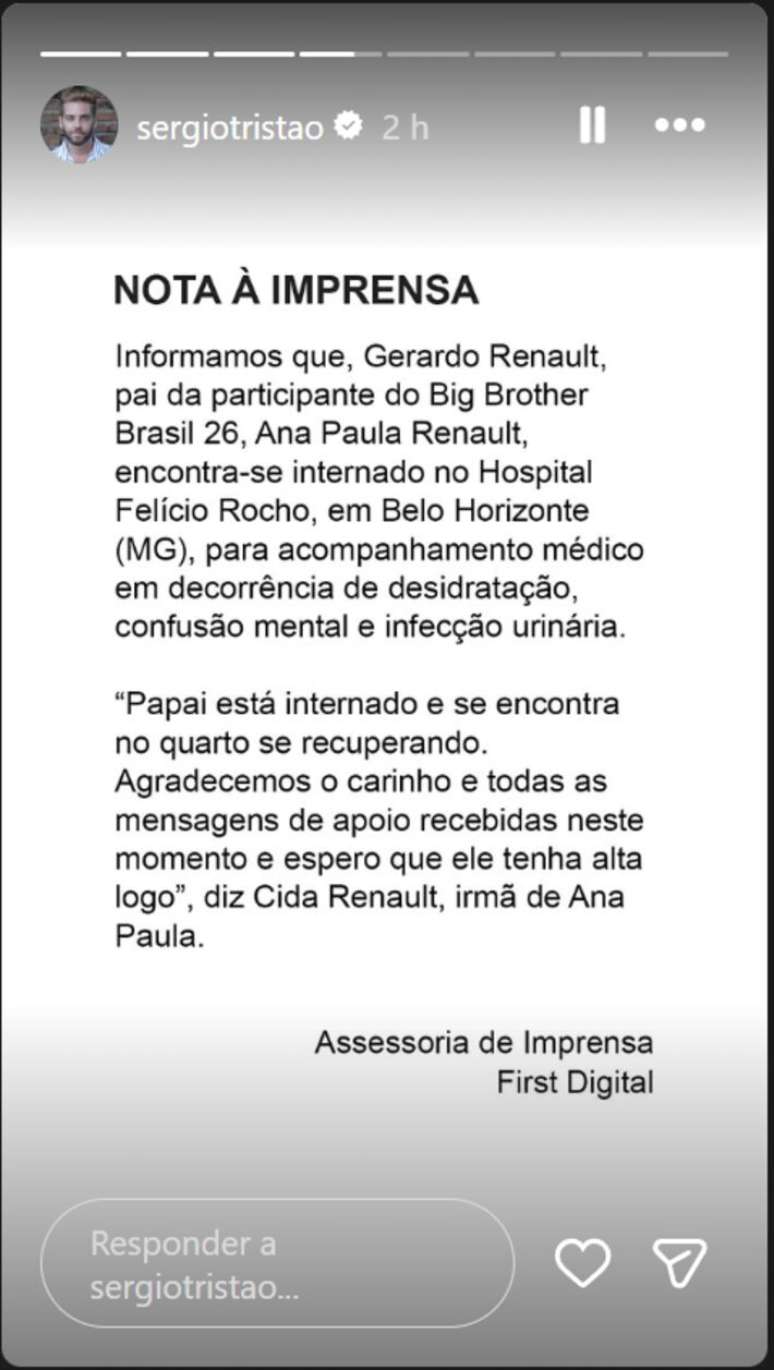 Empres&aacute;rio de Ana Paula Renault atualiza quadro de sa&uacute;de de pai da sister, Gerardo Renault