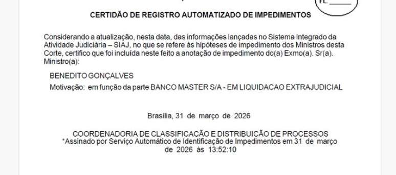 Ministro do STJ Benedito Gon&ccedil;alves se declara impedido em casos do Banco Master