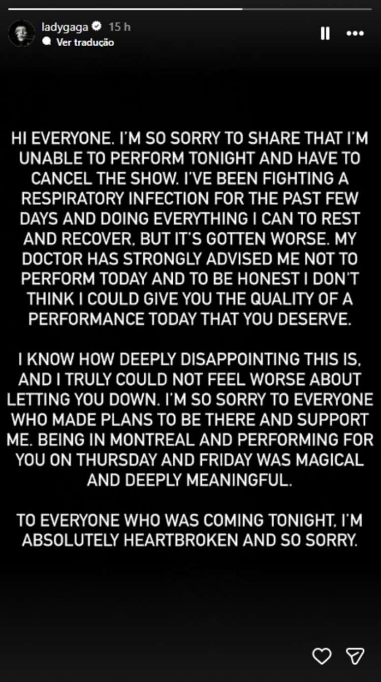 Cantora diz que n&atilde;o conseguiria entregar performance esperada pelo p&uacute;blico