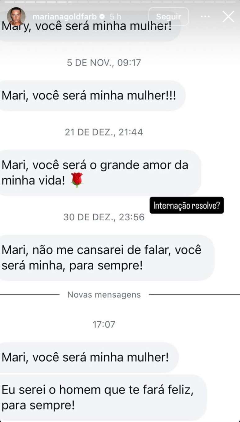 Mariana Goldfarb publica captura de tela de mensagens de homem.