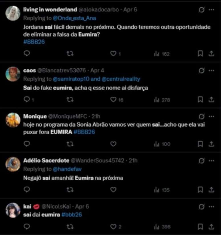 Internautas do X j&aacute; t&ecirc;m alvo definido. A rejei&ccedil;&atilde;o a Samira cresce e o pedido &eacute; que a sister saia logo do jogo.