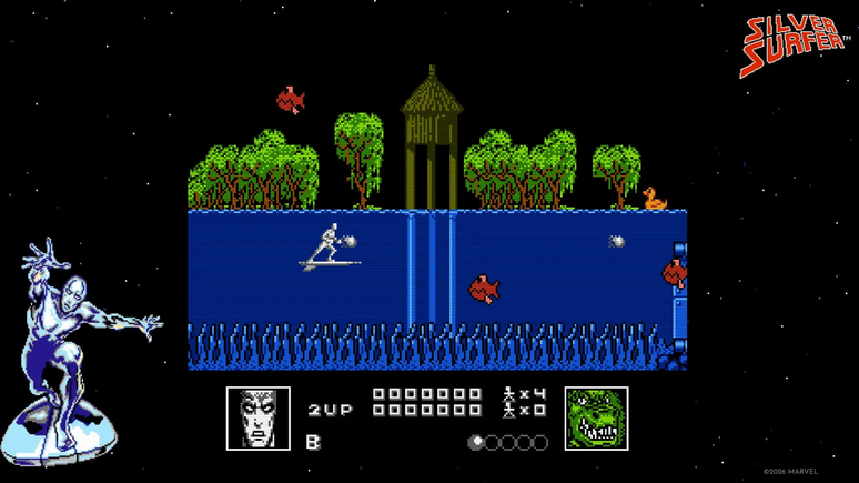 Jogo do Surfista Prateado do NES segue o estilo cl&aacute;ssico de nave espacial