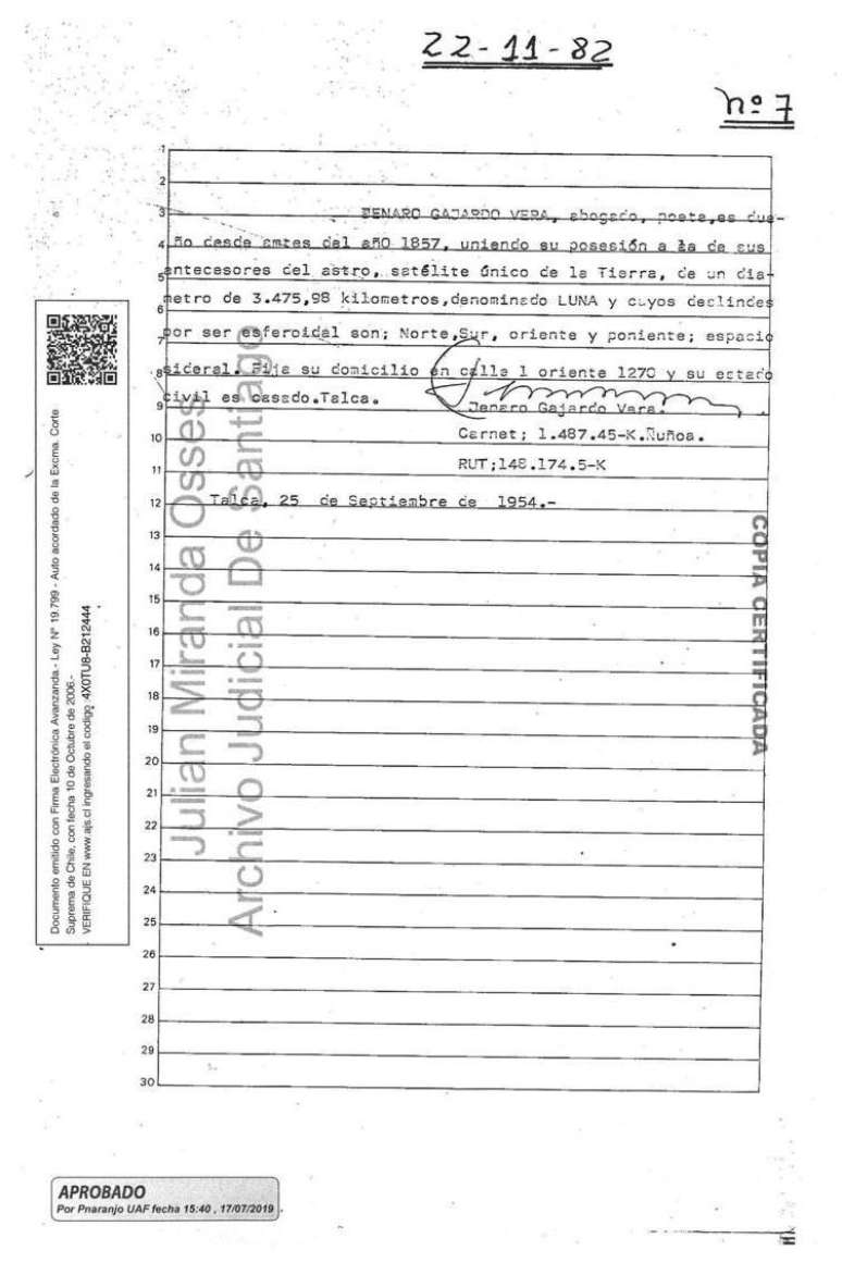 Documento cartorial constante no Arquivo Judicial de Santiago do Chile. A legisla&ccedil;&atilde;o chilena determina que os tabeli&atilde;es do pa&iacute;s devem conservar c&oacute;pia de todos os documentos assinados durante um ano e, depois deste prazo, envi&aacute;-los para o arquivo judicial, que os guarda perpetuamente.