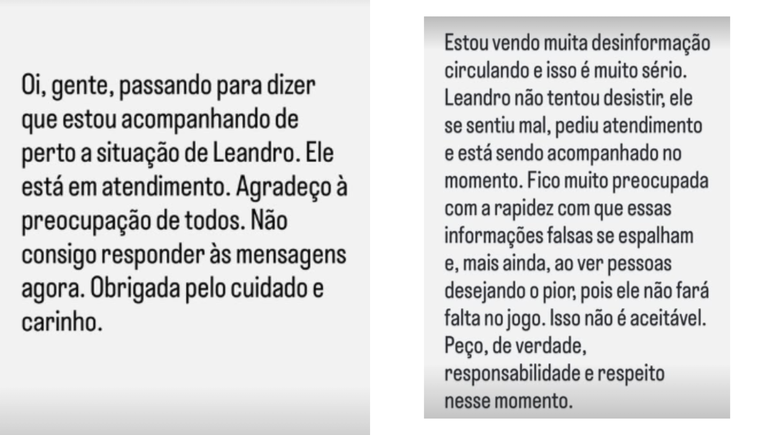 A esposa de Leandro Boneco, participante do Big Brother Brasil 26, Donminique Santos, usou as redes sociais para atualizar os f&atilde;s sobre o estado de sa&uacute;de do marido