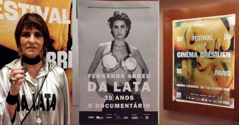 A cantora na conversa com a coluna e os cartazes de seu filme e do festival no sagu&atilde;o do cinema franc&ecirc;s