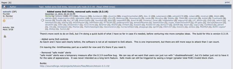 &Uacute;ltimo post de Nakamoto no Bitcointalk, lan&ccedil;ando uma nova vers&atilde;o do Bitcoin (0.3.19) e explicando ajustes t&eacute;cnicos