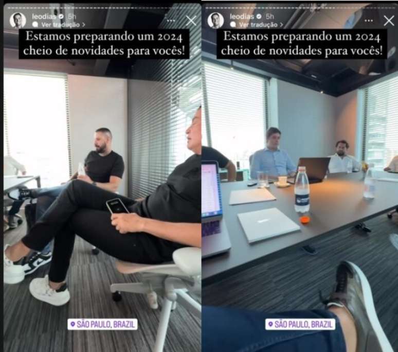 L&eacute;o Dias publicou stories em uma reuni&atilde;o na Moriah Assets; garrafa de &aacute;gua em cima da mesa mostra logo da gestora de Fabiano Zettel