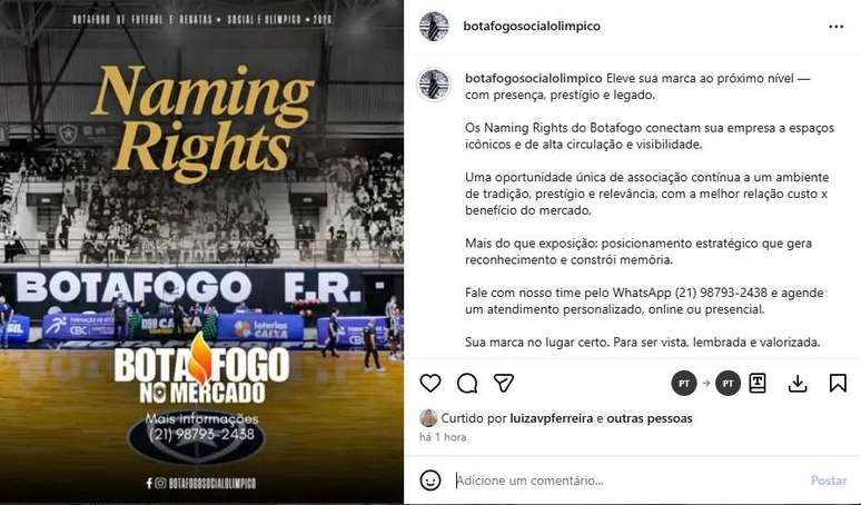 Captura de tela da publica&ccedil;&atilde;o do Social do Botafogo no Instagram, anunciando a venda dos naming rights do gin&aacute;sio 