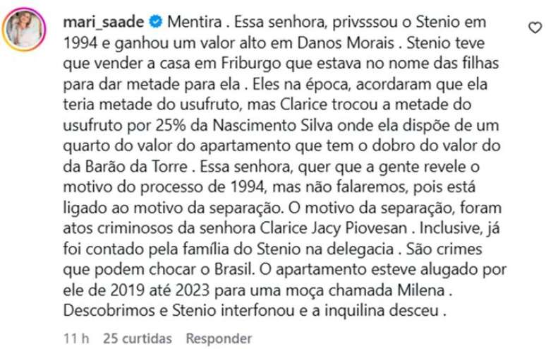 A atual esposa de St&ecirc;nio Garcia usou as redes sociais para rebater declara&ccedil;&atilde;o feita por Clarice Piovesan que pode mudar rumos de processo