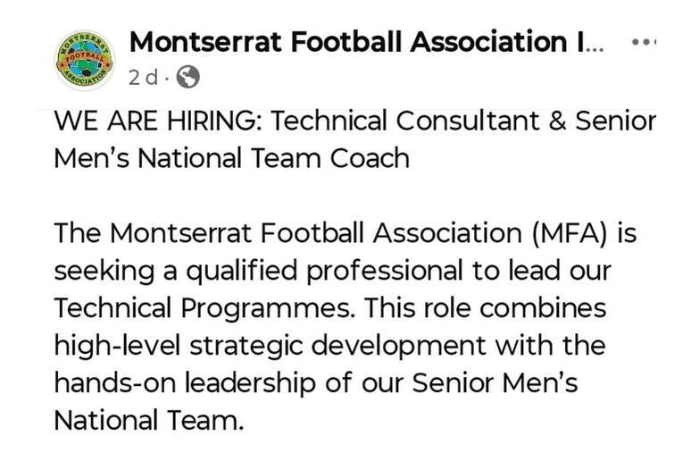 An&uacute;ncio da federa&ccedil;&atilde;o de Montserrat pede um treinador qualificado para preencher a vaga&nbsp; -Reprodu&ccedil;&atilde;o