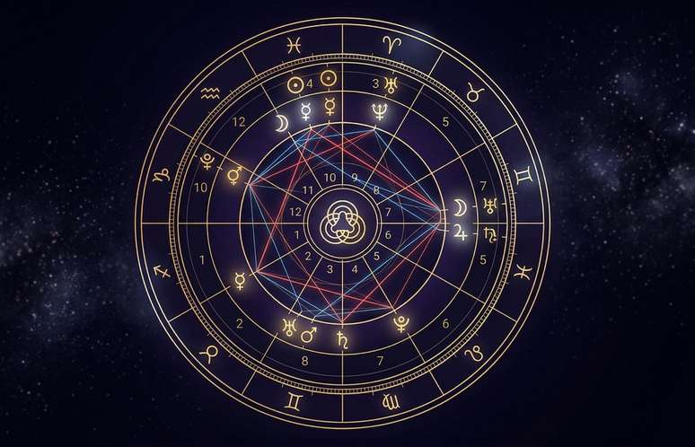 Ilustra&ccedil;&atilde;o de Mapa Astral completo representando os estere&oacute;tipos dos signos e a complexidade da Astrologia