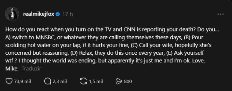 Michael J. Fox usou rede social Threads para desmentir sua morte, noticiada pela CNN dos EUA