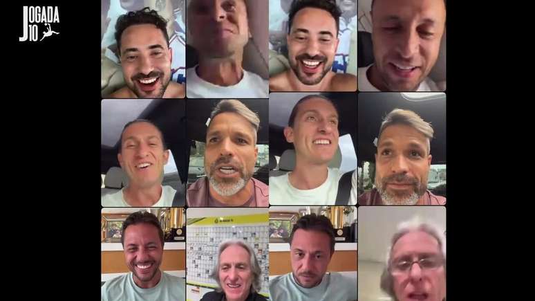 Rafinha, Diego Ribas, Diego Alves, Filipe Lu&iacute;s e Jorge Jesus em videochamada para felicitar o Everton Ribeiro &ndash;