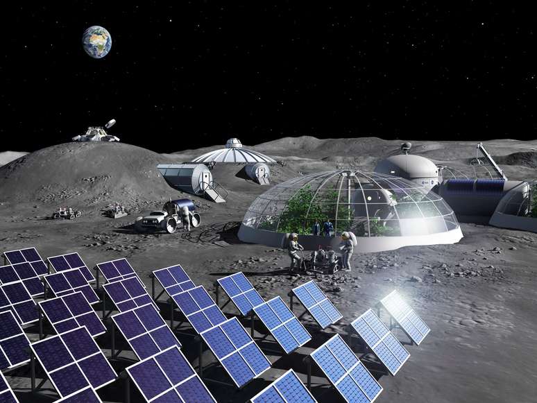 Arte conceitual mostrando como a Nasa planeja construir uma base lunar com seus parceiros internacionais