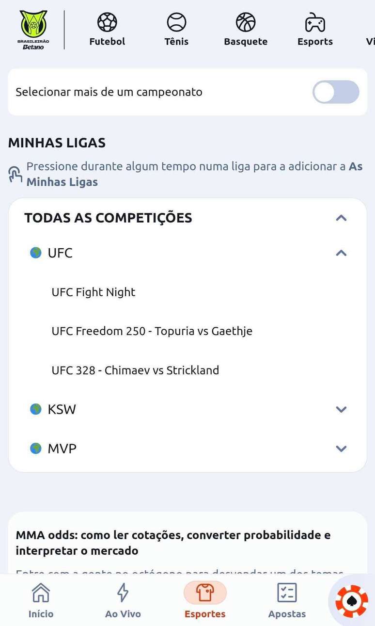 &Eacute; poss&iacute;vel apostar nas principais competi&ccedil;&otilde;es de UFC na Betano