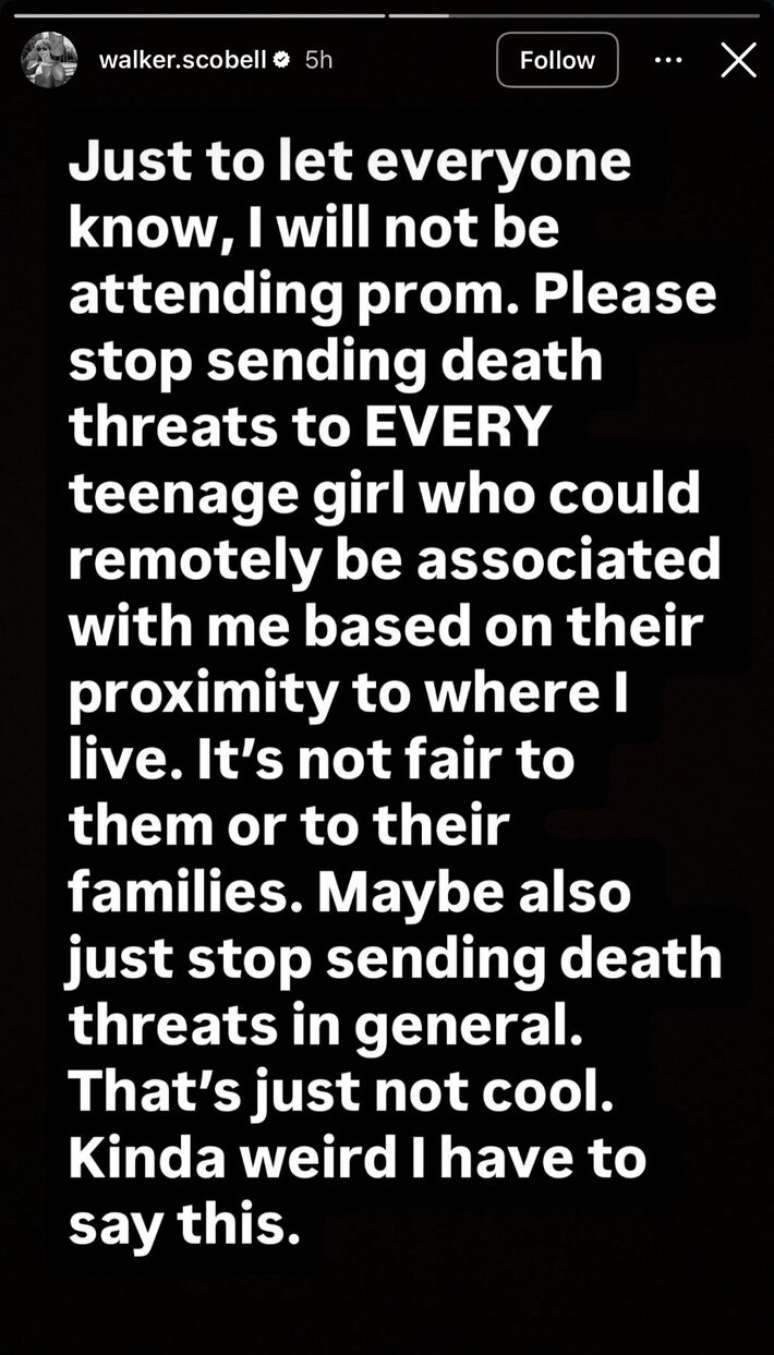 Walker Scobell afirmou que n&atilde;o ir&aacute; ao baile escolar ap&oacute;s amea&ccedil;as direcionadas a f&atilde;s