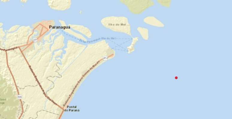 పరానాగ్వా నగరానికి దగ్గరగా ఉన్న పరానా తీరంలో భూకంపం సంభవించింది; ప్రకంపన ఉన్న చోట ఎరుపు చుక్క గుర్తులు
