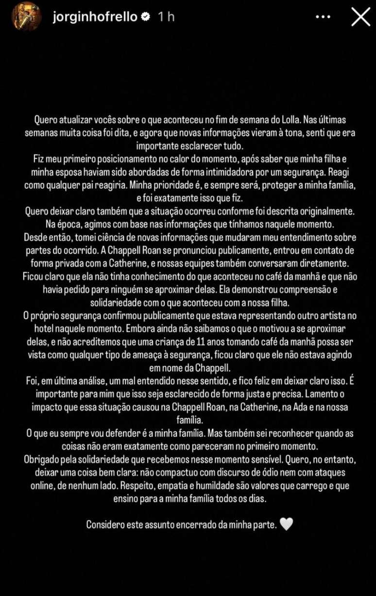 Jorginho Frello encerra pol&ecirc;mica com Chappell Roan