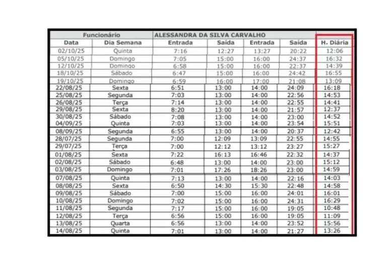 Planilha da jornada de trabalho apresentada pela cozinheira &ndash;