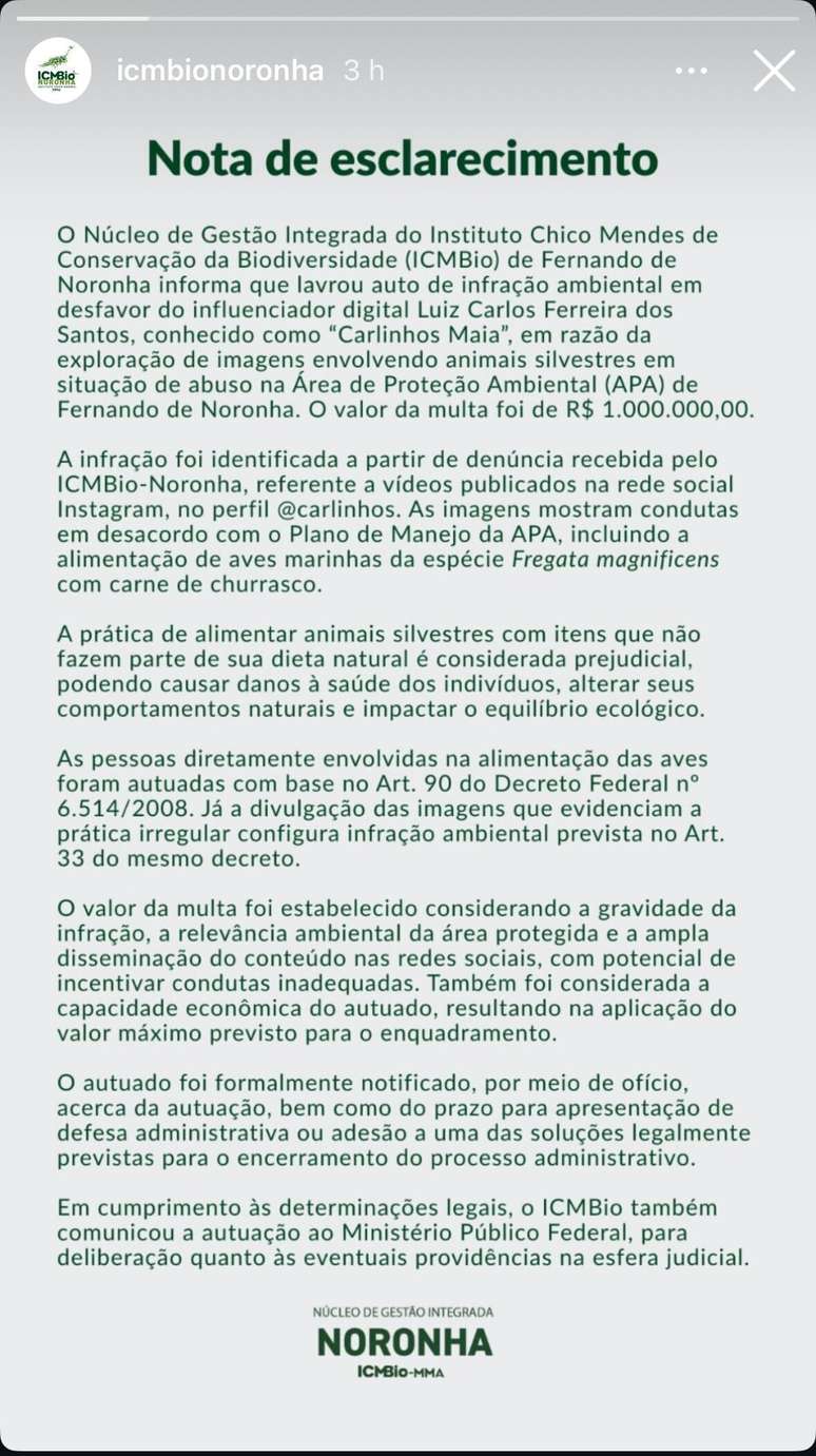Nota do ICMBio fala sobre motiva&ccedil;&atilde;o de multa aplicada a Carlinhos Maia