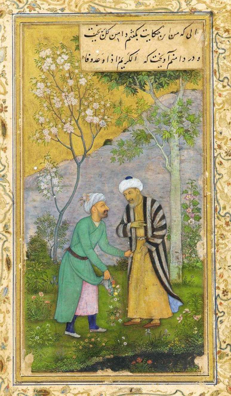 Saadi em um Jardim de Rosas (1645), do artista Govardhan, retrata o poeta persa, autor de obras como o Gulist&atilde;o ('O Jardim de Rosas')