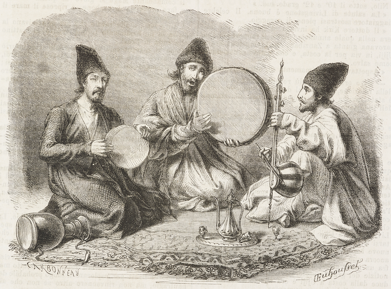 'M&uacute;sicos persas do Ir&atilde;', ilustra&ccedil;&atilde;o de 1860 por &Eacute;mile Duhousset (1823-1911).
