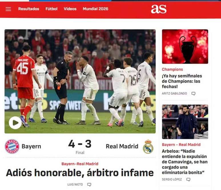 Imprensa espanhola critica atua&ccedil;&atilde;o do &aacute;rbitro na elimina&ccedil;&atilde;o do Real Madrid &ndash;