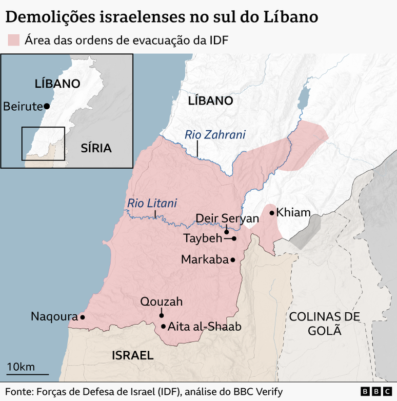Um mapa anotado mostrando a localiza&ccedil;&atilde;o de sete vilarejos e cidades no sul do L&iacute;bano onde demoli&ccedil;&otilde;es israelenses ocorreram. Tamb&eacute;m mostra uma &aacute;rea em vermelho que representa as localidades abrangidas pelos avisos de evacua&ccedil;&atilde;o das FDI