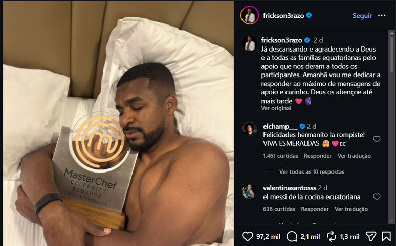 Publica&ccedil;&atilde;o de Erazo no Instagram 