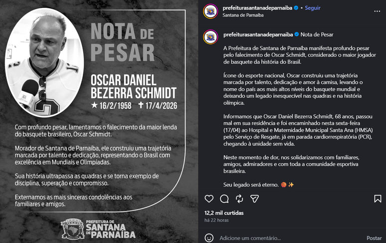 Prefeitura divulga causa da morte de oscar Schimidt 