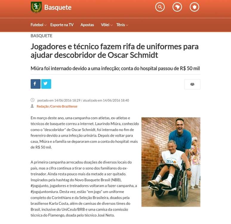 Reportagem de 2016 sobre Laurindo Miura, descobridor de Oscar Schmidt, com foto dos dois &agrave; direita &ndash; 