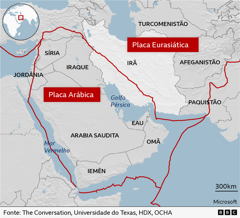 Mapa do Oriente M&eacute;dio que mostra as placas Ar&aacute;bica e Eurasi&aacute;tica