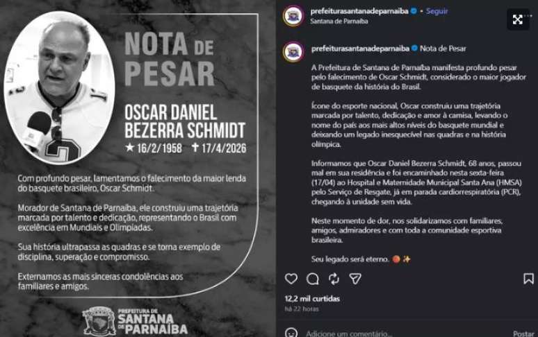 Prefeitura de Santana de Parna&iacute;ba divulgou nota oficial da morte de Oscar