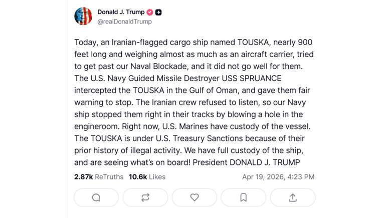 De acordo com Trump, o navio, identificado como Touska, n&atilde;o atendeu a uma ordem de parada emitida por for&ccedil;as norte-americanas e acabou sendo atingido