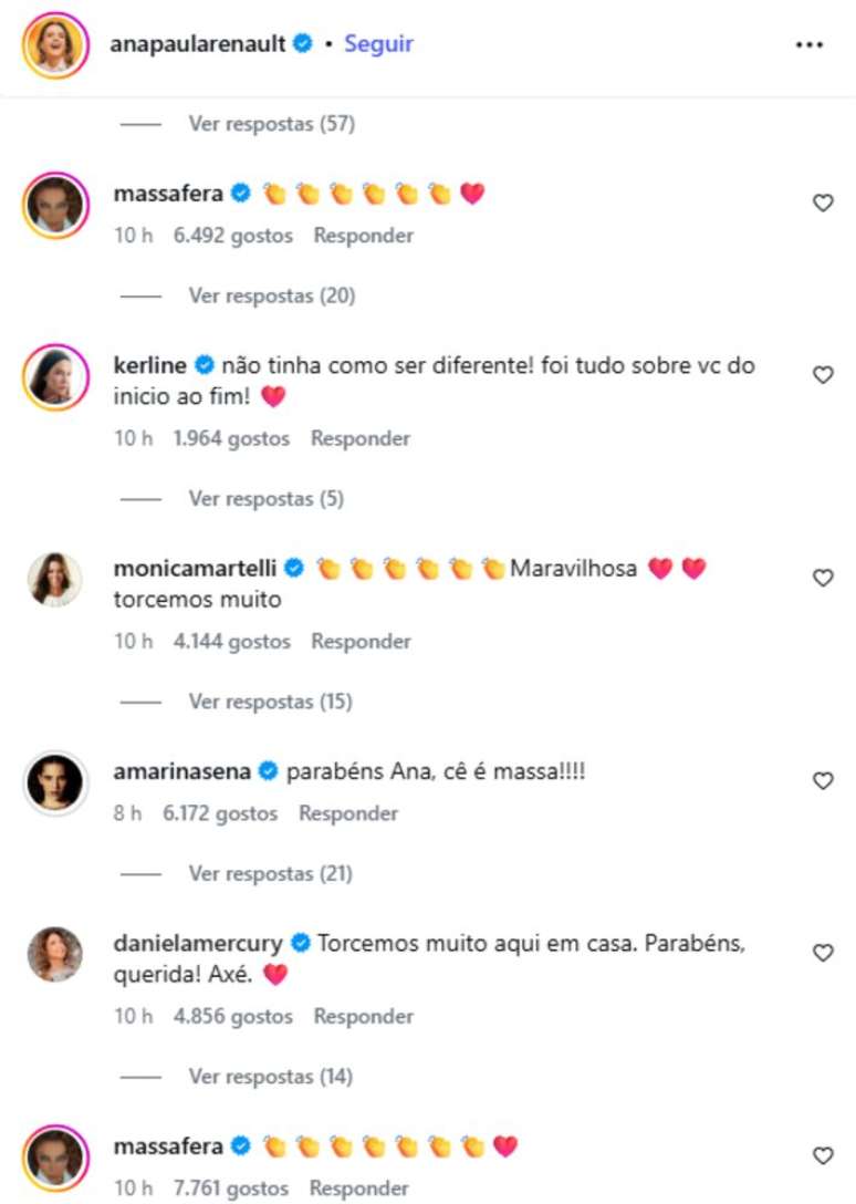 Celebridades repercutem resultado e enviam mensagens para Ana Paula