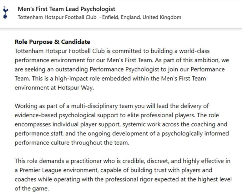 An&uacute;ncio publicado no Linkedin pelo Totttenham 