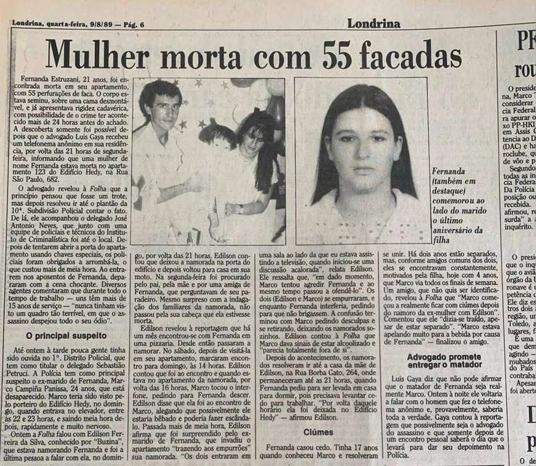 Folha de Londrina செய்தித்தாளின் Fernanda Estruzani மரணம் பற்றிய அறிக்கை