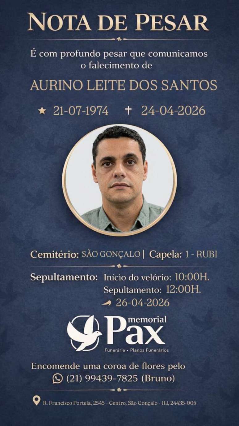 Sepultamento ocorrer&aacute; neste domingo (26), em S&atilde;o Gon&ccedil;alo (RJ) &ndash;