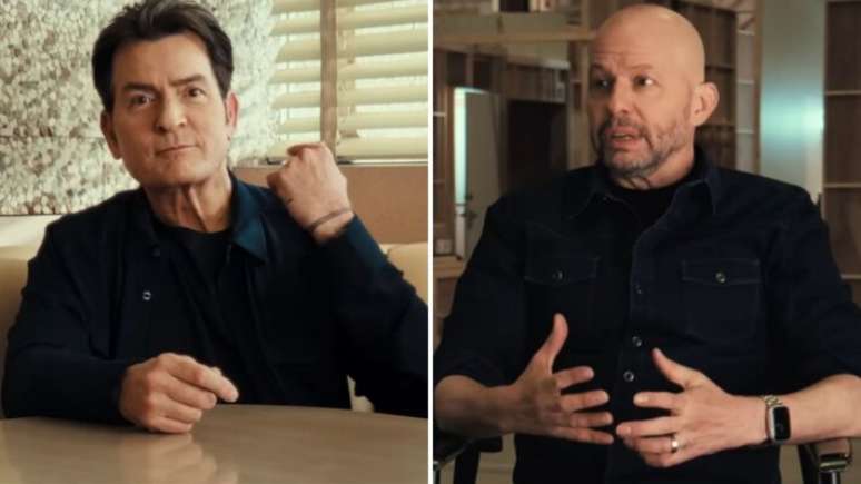 నెట్‌ఫ్లిక్స్ డాక్యుమెంటరీ 'అకా చార్లీ షీన్'లో నటులు చార్లీ షీన్ మరియు జోన్ క్రైర్; వీరిద్దరూ 'టూ అండ్ ఏ హాఫ్ మెన్' సిరీస్‌తో మంచి గుర్తింపు తెచ్చుకున్నారు.