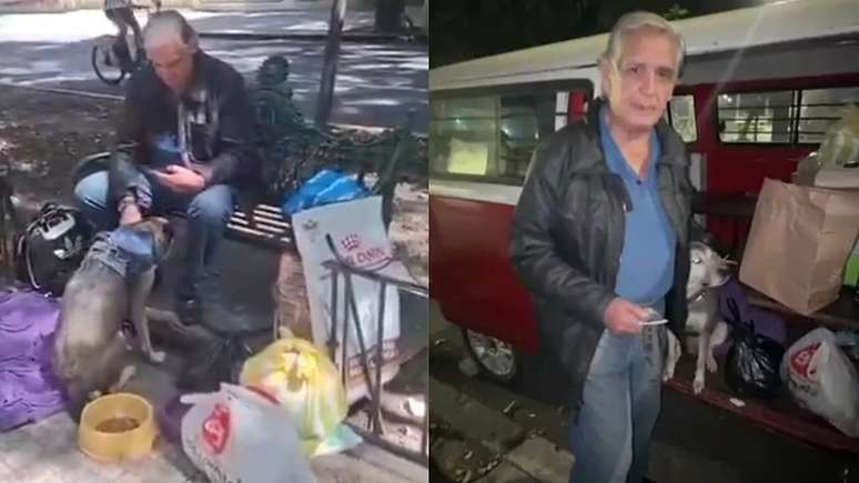 O ex-ator na pra&ccedil;a onde morou alguns dias com seus animais e, ao lado, na Kombi emprestada que servia de abrigo em algumas noites