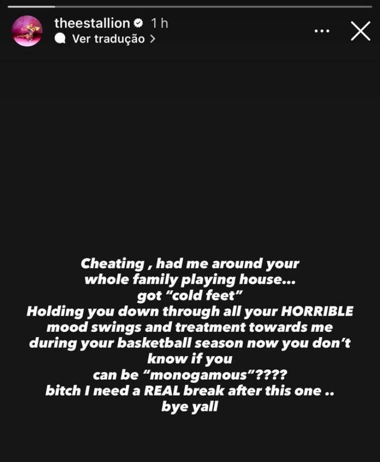 A rapper Megan Thee Stallion confirmou em 25 de abril de 2026 o fim de seu relacionamento com o jogador da NBA, Klay Thompson