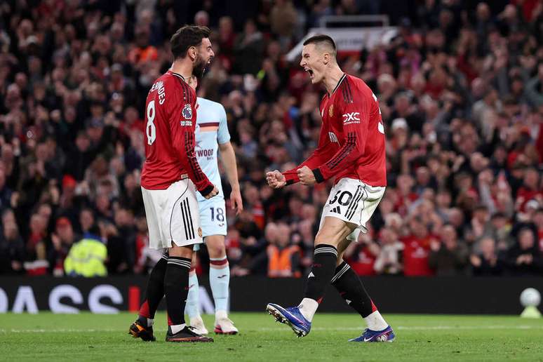 Benjamin Sesko comemora o gol marcado na vit&oacute;ria do Manchester United em Old Trafford &ndash;